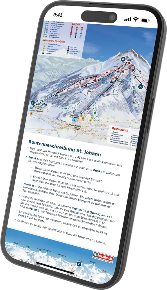 Das Alpex Routenbuch auf einem iPhone, mit Pistenkarte und Routenbeschreibung